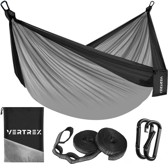 Vertrex Hammock Pro Hangmat met Band en Karabijnhaak voor hangmatten - 270 x 140 cm - Max 200 kg - Grijs/Zwart