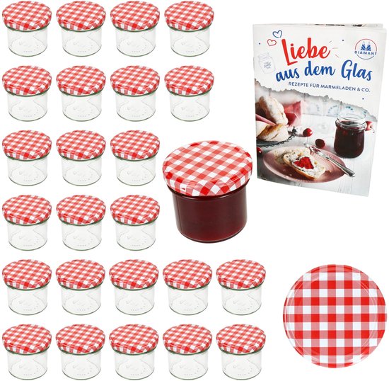 Set de 25 pots à confiture 125 ml bocal à conserve Bocal à conserve Jusqu'à 66 couvercle à carreaux rouges incl. Livret de recettes Diamant-Zucker Gelierzauber