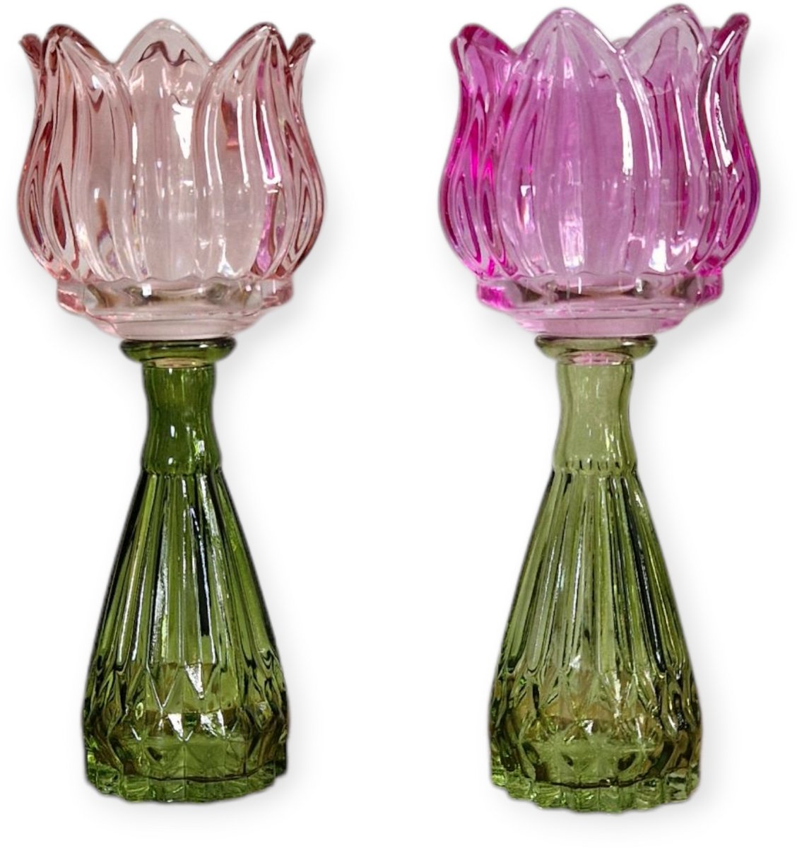 Daan Kromhout - Waxine houders - Kaarsenhouders - Set van 2 - Tulp - Glas - Roze Mix - 7x18cm
