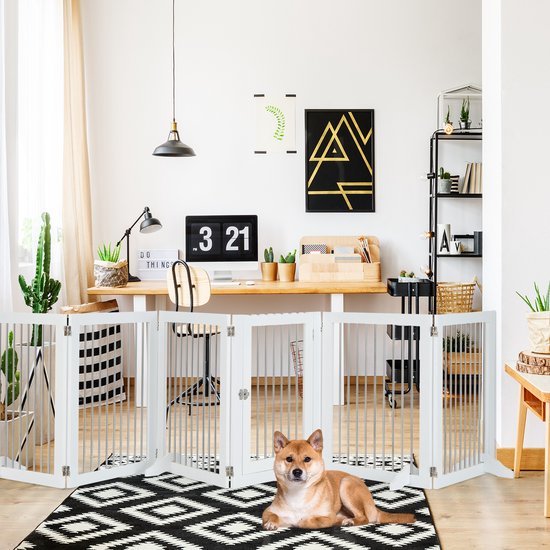 COSTWAY Afsluitrooster voor honden, 6-delig, vrijstaand hondenhek met deur en 4 steunpoten, 80 cm hoog, inklapbaar beschermingsrooster, traprooster van hout en roestvrij staal, voor open haard of COSTWAY Afsluitrooster voor honden, 6-delig, vrijstaand hondenhek met deur en 4 steunpoten, 80 cm hoog, inklapbaar beschermingsrooster, traprooster van hout en roestvrij staal, voor open haard of