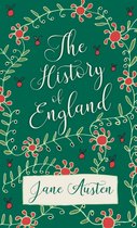 Boek kaft met de titel 'The History of England' door Jane Austen, versierd met groene bladeren en rode bloemen.
