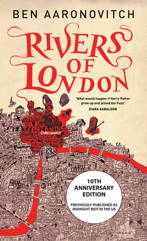 Boekomslag van 'Rivers of London' door Ben Aaronovitch, met een getekende kaart van Londen en rode accenten. '10th Anniversary Edition'.