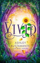 Couverture de livre avec le titre 'Vivid' en lettres violettes, un tournesol et une forêt aux couleurs vives.