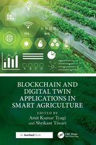 Boekomslag: 'Blockchain and Digital Twin Applications in Smart Agriculture'. Groen met afbeeldingen van een boerderij en digitale iconen.