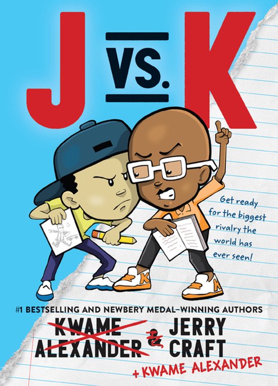 Couverture de livre "J vs. K". Deux garçons à l'expression sérieuse, entourés de dessins et d'un crayon.