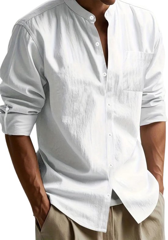 Chemisier en lin Livano pour homme - T-shirt - Polo - Chemise - Été - Style Ibiza - Wit - Taille M