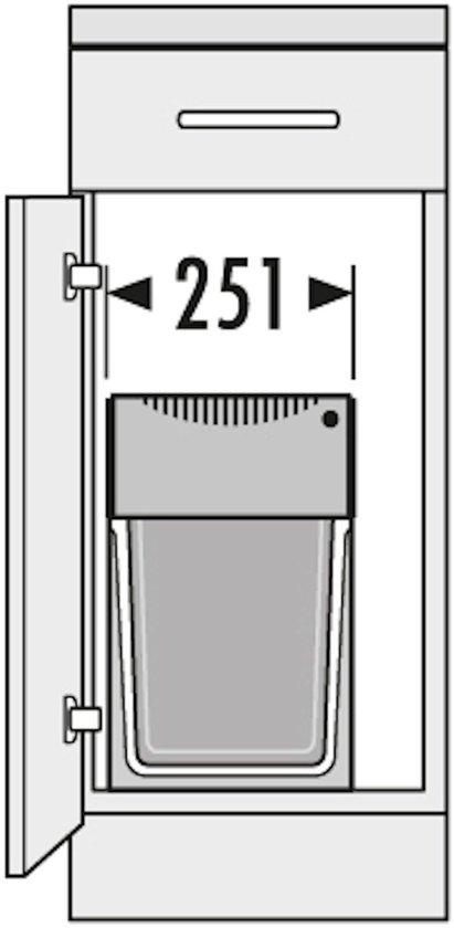 Technische tekening van een grijze Hailo Tandem prullenbak in een keukenkastje met afmetingen 251 mm breed.