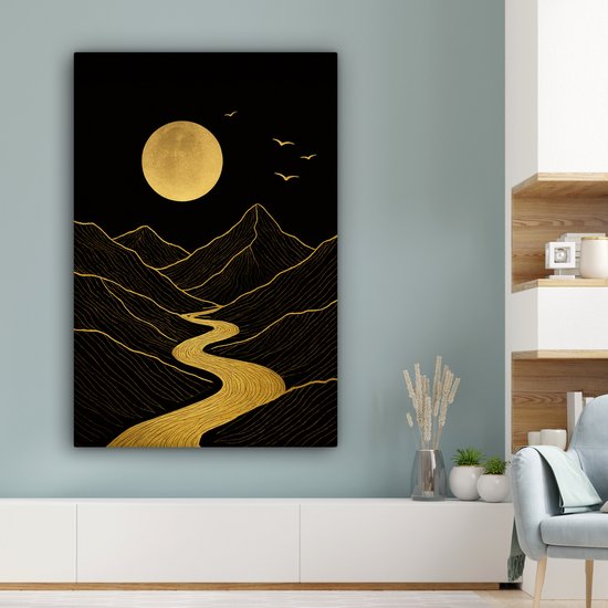 Tableau sur toile 80x120 cm - Décoration murale exclusive Rivière - Or - Lune - Vogels - Décoration murale murale salon - Décoration chambre - Accessoires de décoration - Peintures sur toile