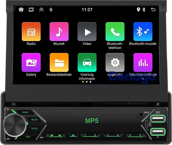 Autoradio met klapscherm, toont apps zoals Radio, Muziek, Video, Bluetooth telefoon, Bluetooth muziek, Galerij, Bestandsbeheer, Voertuig informatie, Geluidsinstellingen.