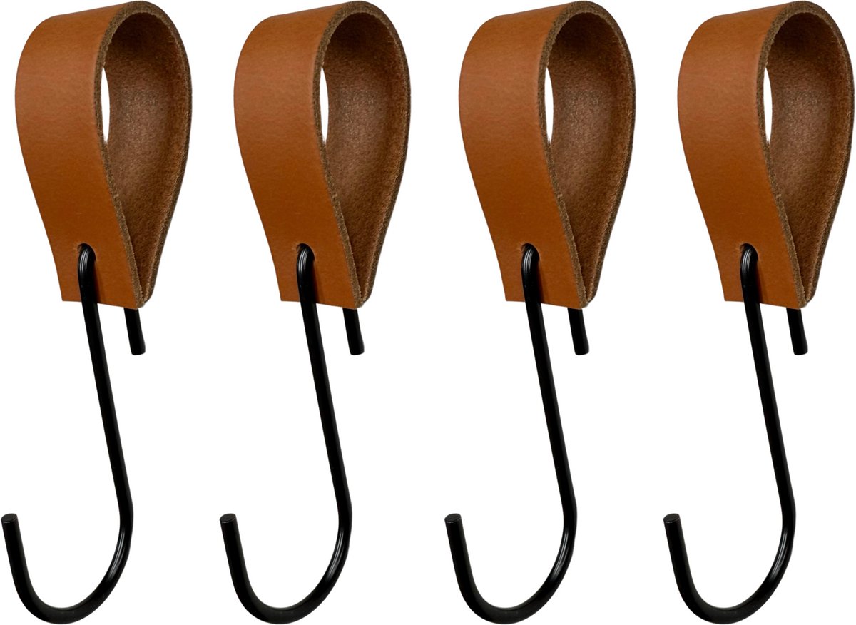 Leathergoodz - Leren S-haak hangers - Cognac - 4 stuks - 16 x 2,5 cm - max ø38mm - Leer - handdoekhaakjes - Ophanghaken – kapstokhaak