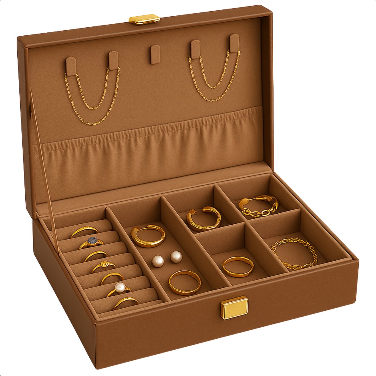Cheqo® Sieradendoos Kunstleer - Bijouteriedoos - Sieradenkoffer - Juwelendoos - Sieraden Organizer - Bruin - Sieraden Doos - Sieradendoosje Met Kettinghaakjes en Ringklemmen