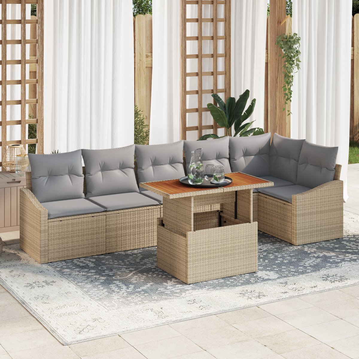 vidaXL - Tuinbank - Set - met - opslag - 7 - pcs - Beige - Poly - rattan