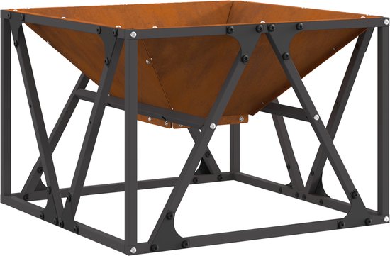 Greserkeerd perspectief van een vierkante vuurkorf met een roestbruin cortenstaal interieur en een donkergrijs metalen frame.