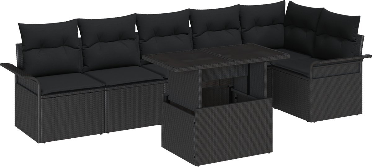 vidaXL - Tuinbank - Set - met - kussen - met - opslag - 7 - pcs - Zwart - Poly - rattan
