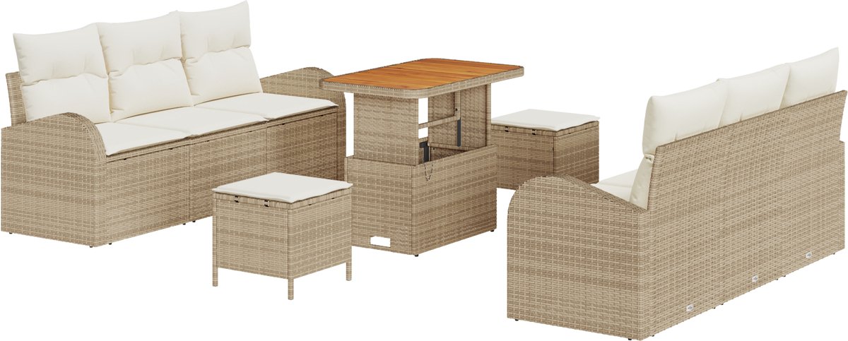 vidaXL - Tuinbank - Set - met - kussen - 9 - pcs - Beige - poly - rattan