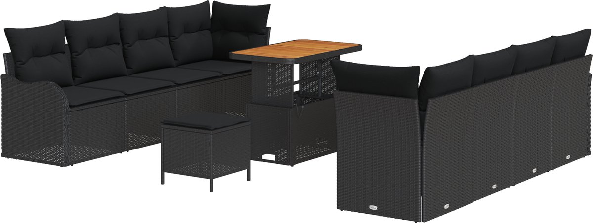 vidaXL - Tuinbank - Set - met - kussen - 11 - pcs - Zwart - poly - rattan