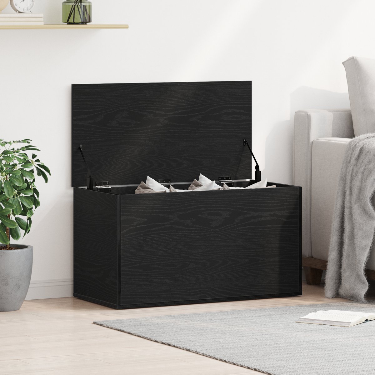 vidaXL - Opslagdoos - met - opslag - Zwart - Eiken - 84 - x - 42 - x - 46 - cm - Bewerkt - hout