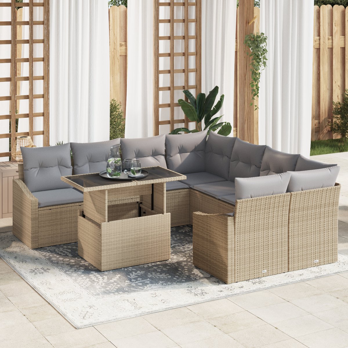 vidaXL - Tuinbank - Set - met - opslag - 9 - pcs - Beige - Poly - rattan