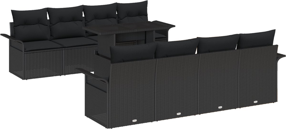 vidaXL - Tuinbank - Set - met - kussen - 9 - pcs - Zwart - poly - rattan