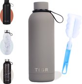 TIGR® Minimalist RVS Waterfles 500ml met Afwasborstel en Haakje - 24 uur koud/12 uur warm - Taupe