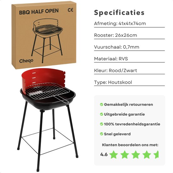 Cheqo® Houtskool Barbecue RVS - Houtskoolbarbecue - Verstelbaar Rooster - Ronde BBQ Rood/Zwart van Merkloos — afbeelding 3