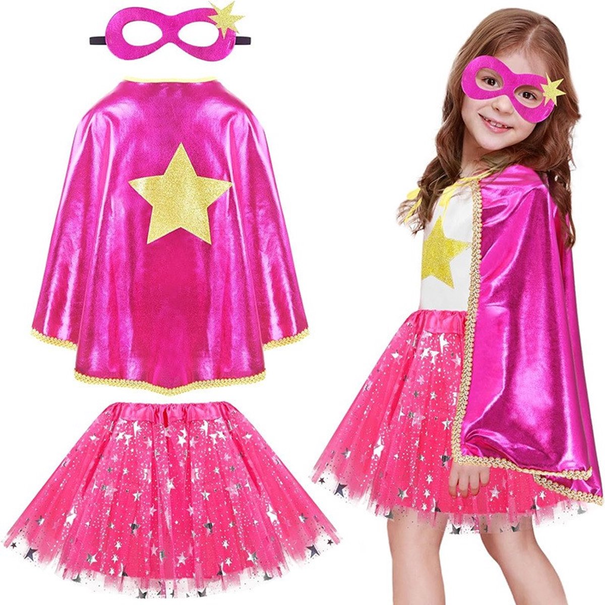 Joya Kids® Verkleedset | Superhelden Outfit | Tutu Rok + Metallic Cape + Masker | Superheldin Ster | Prinses | Verkleedset | Prinsessencape | Carnaval | Verkleedkleding 3