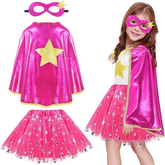 Joya Kids® Verkleedset Meisje | Superhelden Outfit Kind | Tutu Rok + Metallic Cape + Masker | Superheldin Ster | Prinses | Meisje Verkleedset | Prinsessencape | Carnaval | Verkleedkleding 3-delig | Roze