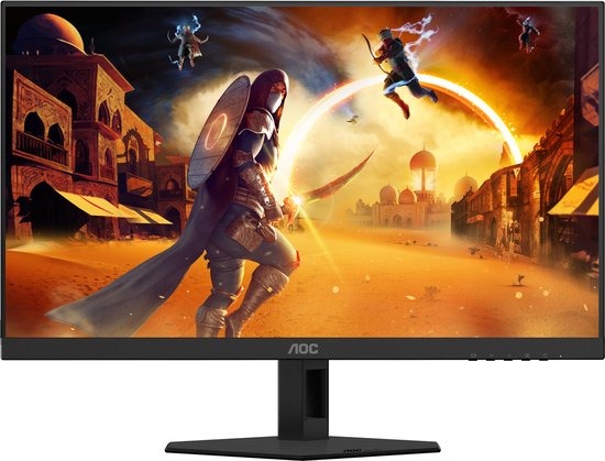 Vooraanzicht van een 24-inch AOC Gaming monitor met scherpe spelafbeelding.