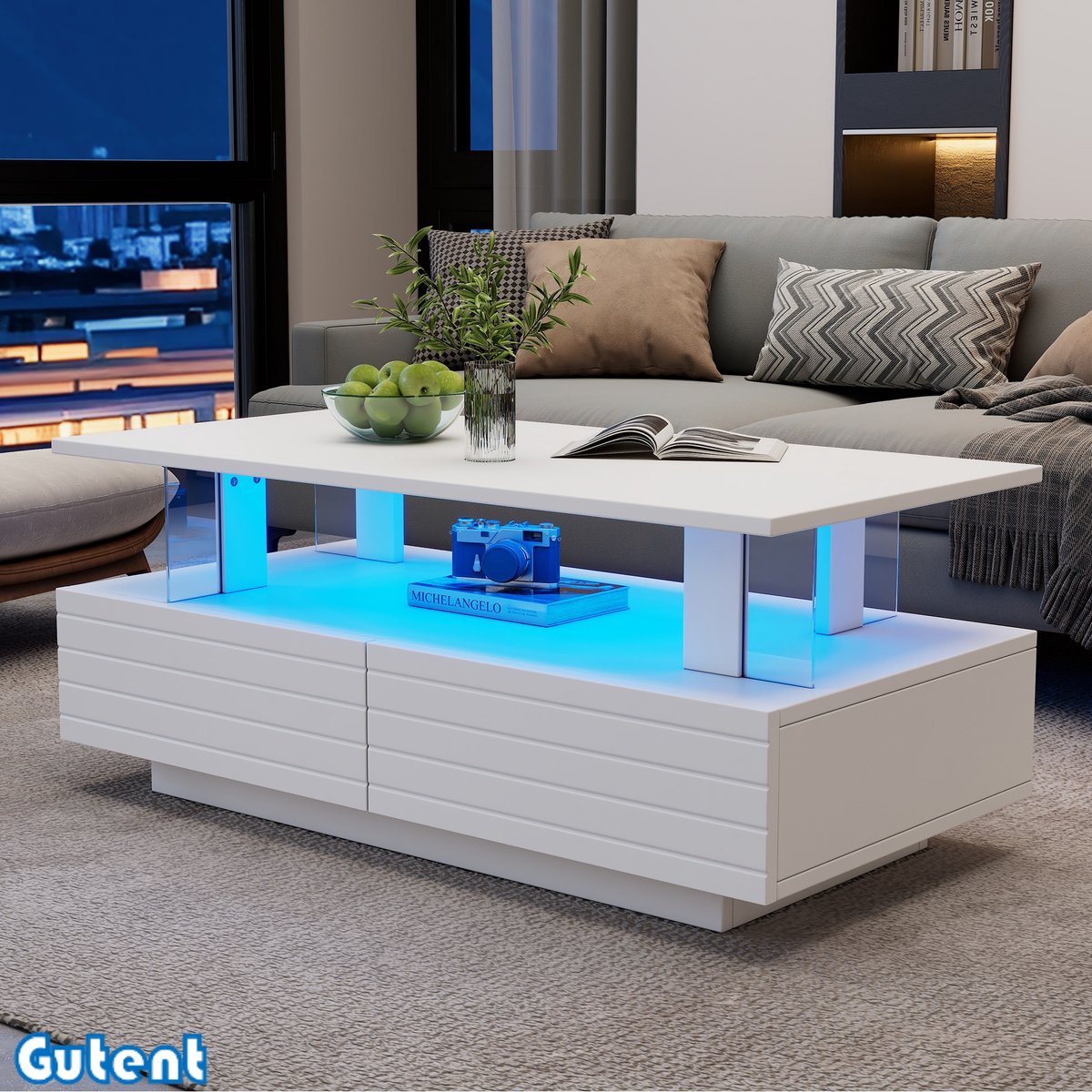 Gutent Salontafel - Wit - LED-koffietafel - met opbergruimte - Acryltafel - Dubbele rechthoek - met mobiele Bluetooth-appbediening