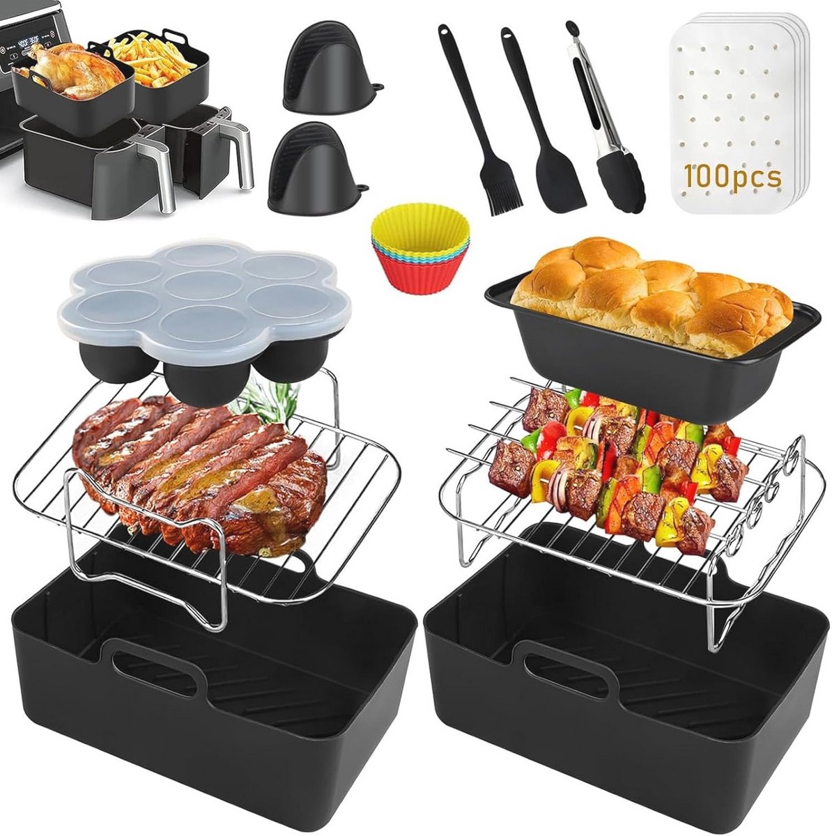 Airfryer Accessoires Set – Siliconen Liner, Racks, Handschoenen en Meer voor Heteluchtfriteuse