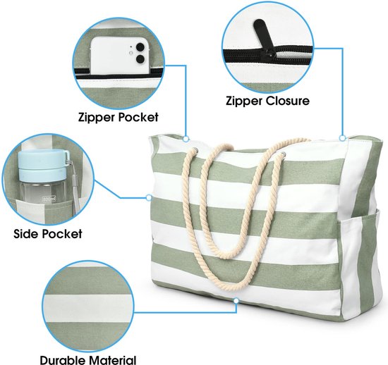 Sac de plage Geweo avec fermeture éclair - Sac fourre-tout de plage - Groot sac à bandoulière - Vert