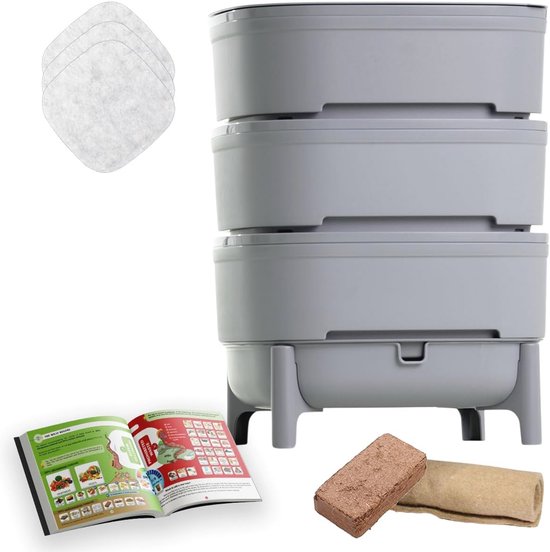 WORMcube Groente Design & Compact I 2-baks Wormenbak I 500 gr Compostwormen I Complete set I Wormverdrinking Stopfilter