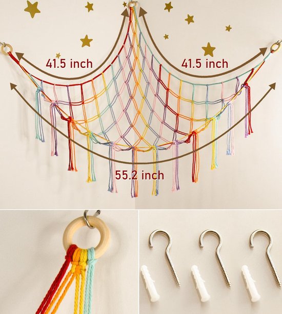 Geweven speelgoedopbergnet - Pluche speelgoedhoekopbergnet - Hoekdriehoek speelgoednet - Perfect voor babykamers en kinderkamers - Regenboogkleuren — afbeelding 2