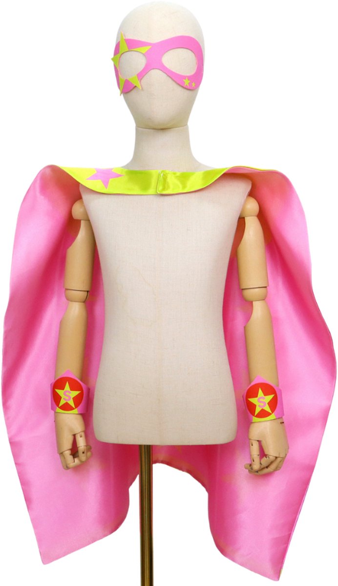 Joya Kids® Verkleedset Meisje | Superheldin Cape Masker Armbanden | Roze met Gele Sterren | Verkleedkleding Kinderen | Carnaval & Rollenspel | Superheld Ster | Verkleedkleding 3-delig | Roze en Geel — afbeelding 9