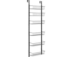 Pantry organiser voor deurmontage, 6-vaks stalen kruidenrekjes, verstelbare hangende planken voor wand en deur, ideaal voor keuken, badkamer en huishouden, zwart