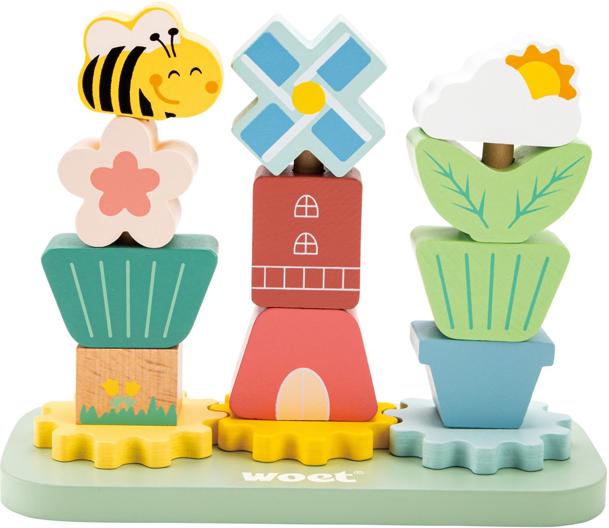 Woet® Houten Stapelspel Tuin – Stapeltoren met Bloemen en Tandwielen – FSC Gecertificeerd Educatief Speelgoed – Stapelspeelgoed Vanaf 1 Jaar