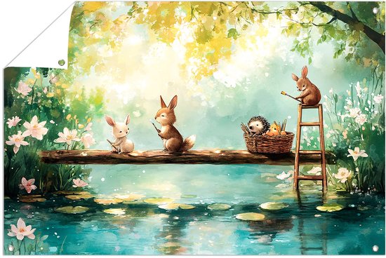 Schilderende dieren bij de vijver - Natuur poster - Tuinwanddecoratie dieren - Aquarel - Buitenposter waterdicht - Tuindecoratie muurdecoratie - tuinposter 75x50 cm