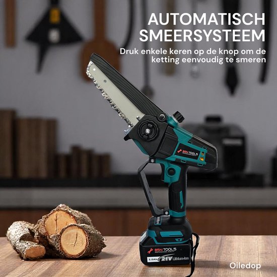 BSN Tools Mini Kettingzaag 800W - 6 Inch Elektrische Snoeizaag met Automatische Kettingsmering - Inclusief 2 LED-Accu’s (2x 5000mAh) - Handzaag voor Takken en Bomen van BSN Tools — afbeelding 3