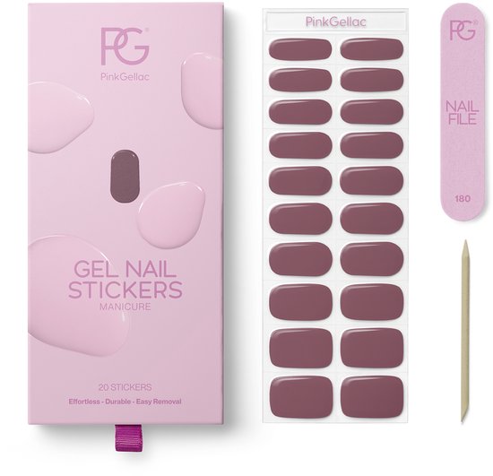 Doosje, verpakking met 20 donker mauve gel nagelstickers, vijl en duper.