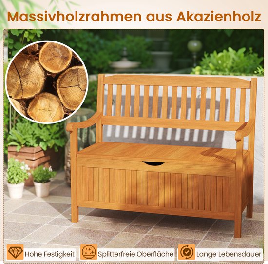 COSTWAY Tuinbank Met Opbergruimte – 2-zits, 320 Kg Draagkracht, Teak Hout, Met Afneembare Binnenzak
