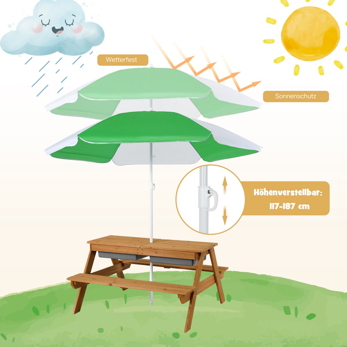 COSTWAY 3-in-1 picknicktafel voor kinderen, tuintafel met parasol en