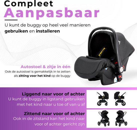 Zwarte kinderwagen: autostoel en zitting omkeerbaar naar voren of achteren.