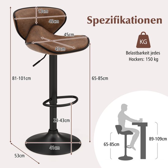 COSTWAY Set van 2 barkrukken, barstoelen rotan, zithoogte 69