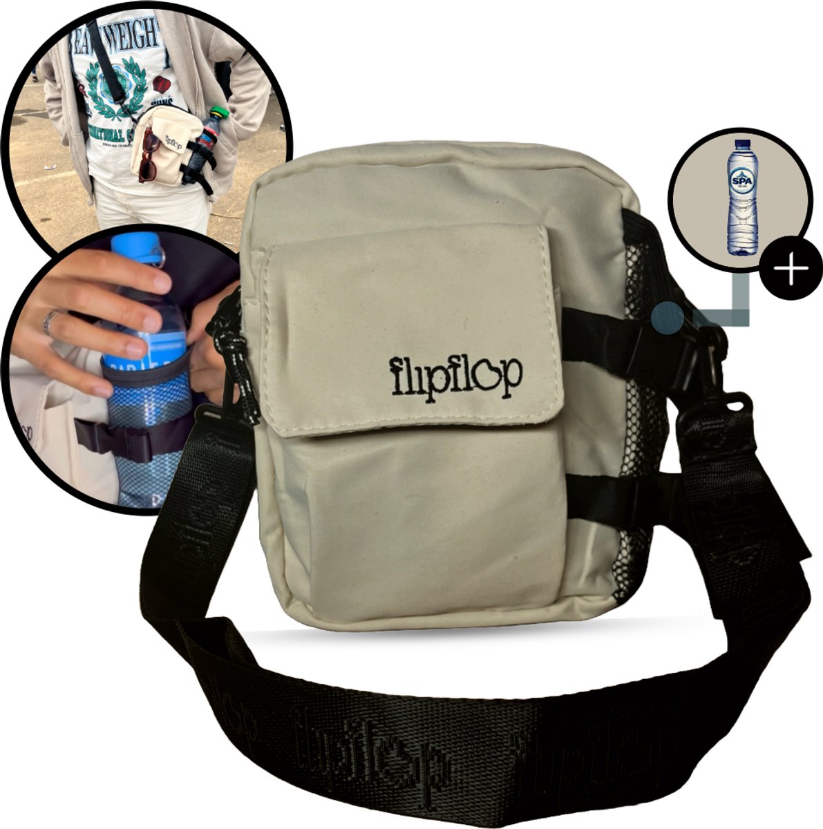 Flipflop Club® Festival Fanny Pack met Flessenvak | Beige Telefoontasje | Crossbody | Fles Heuptasje | Waterfles | Bottle Bag