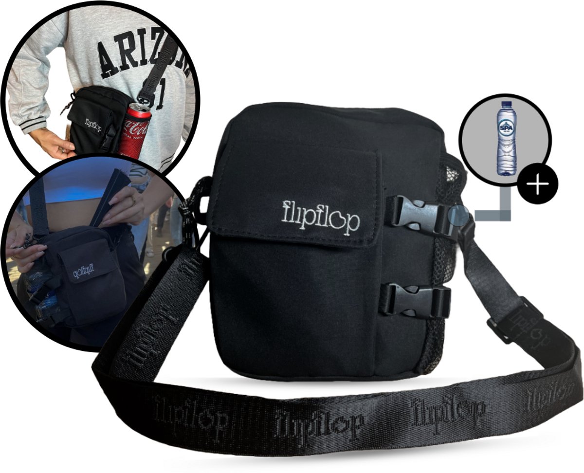 Flipflop Club® Festival Fanny Pack met Flessenvak | Zwart Telefoontasje | Crossbody | Fles Heuptasje | Waterfles | Bottle Bag