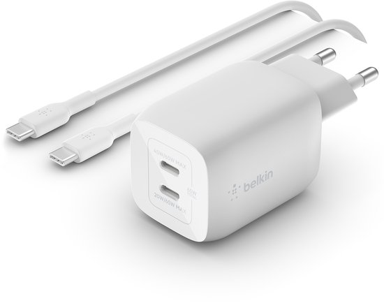 Belkin - Boost-Up Charge Pro Adapter - 2x USB-C - 65W - Wit - Met USB-C naar USB-C kabel
