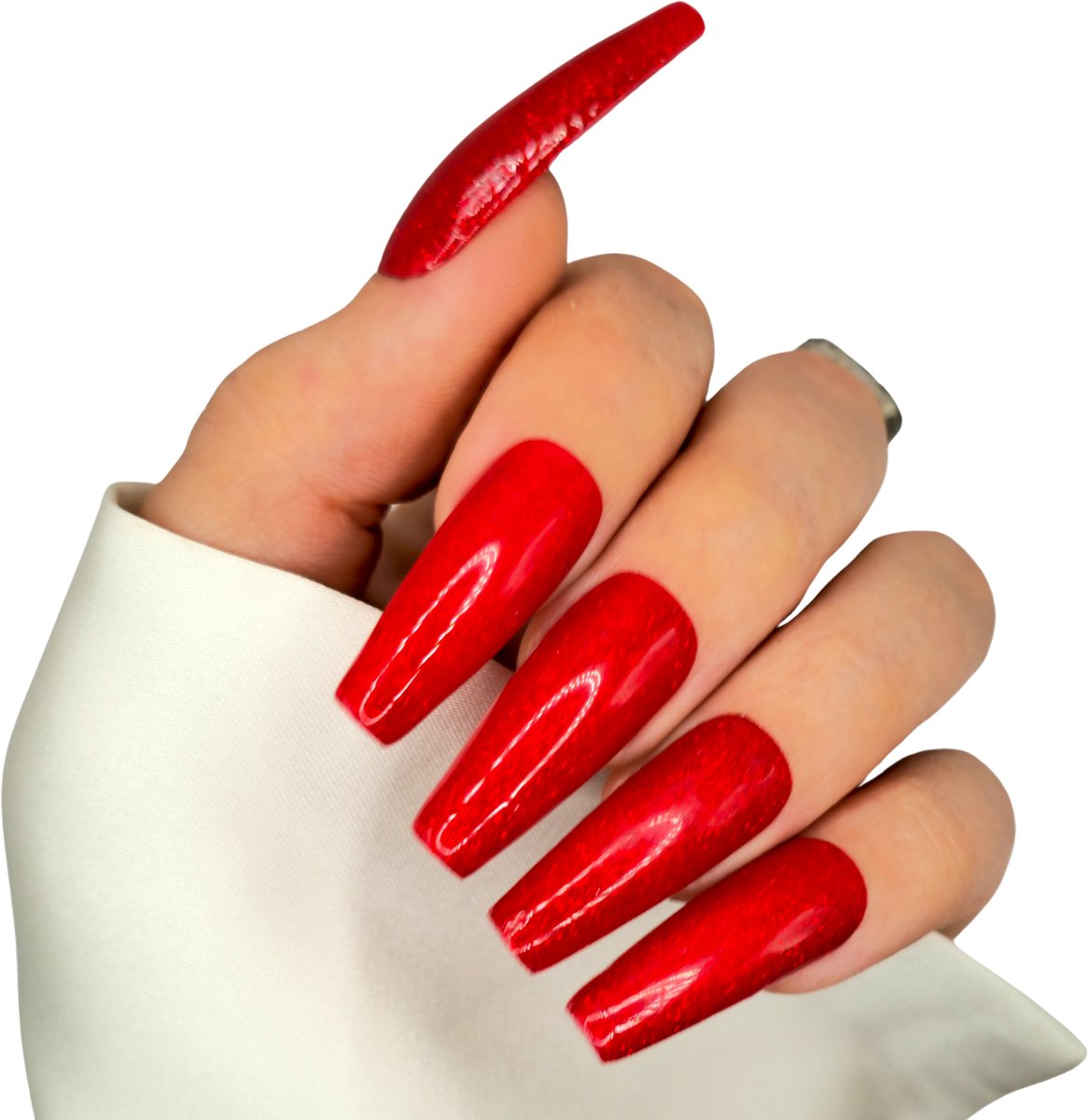Rode Press on Nails - XL Coffin Plaknagels - Red Glitter Nails - Nepnagels met Lijm - SD Press on Nails - Nagelset B-284