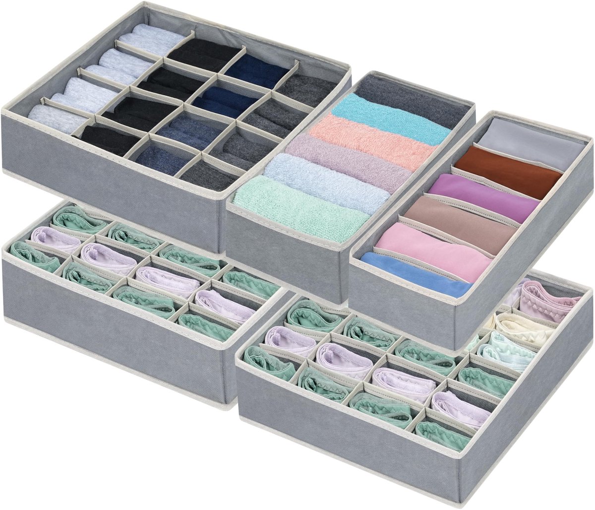 Ibenzoa® Uitgebreide Grijze Lade-Organizer Set met Veelzijdige Opbergvakken voor Accessoires en Kledingstukken - 5 Stuks