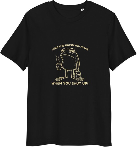 Zwarte T-shirt met print van een norse kikker met koffie en aktetas, met tekst 'I like the sound you make when you shut up'.