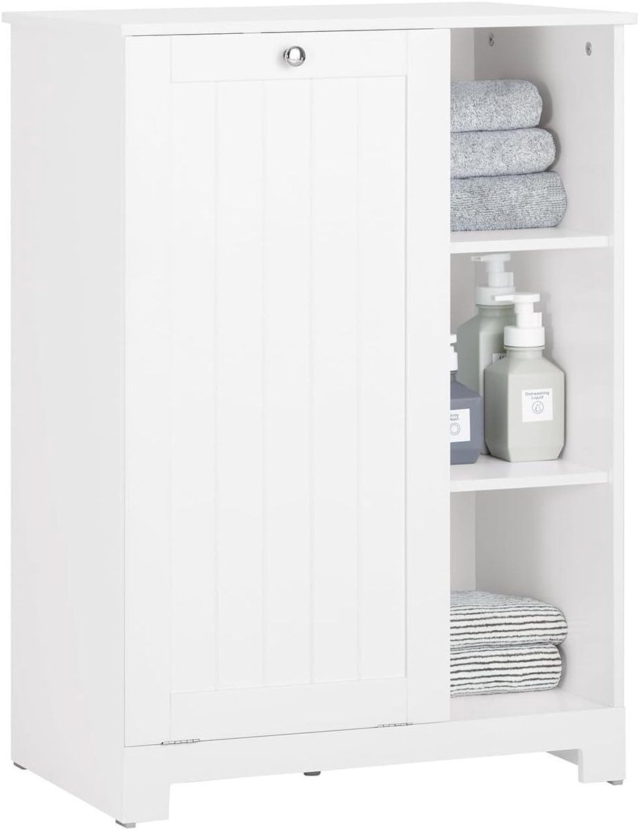 Waskast met Waszak voor de Badkamer – Staande Opbergkast met 3 Planken en 1 Mand, Wit, 60x37x86 cm